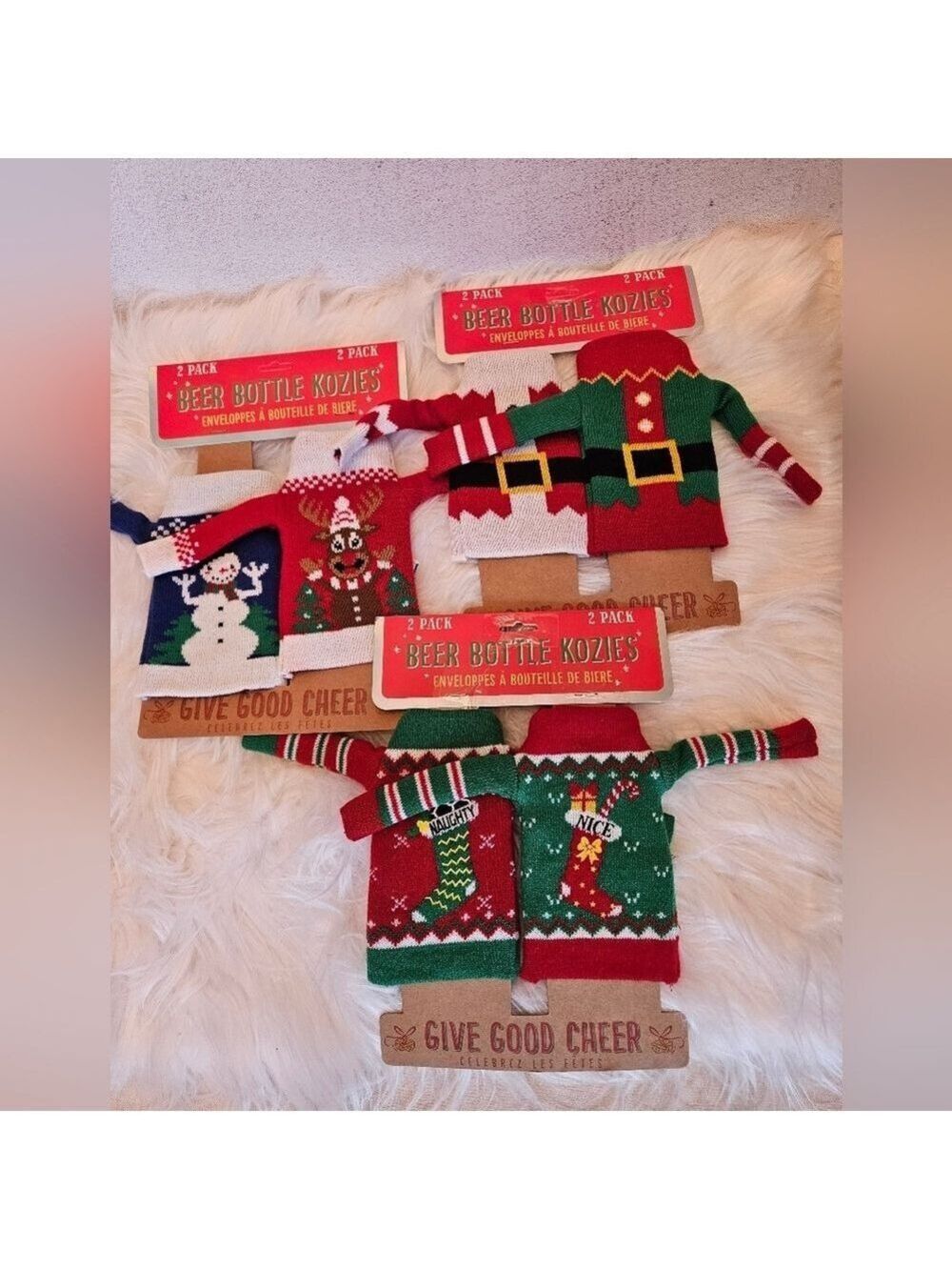 Three Sets of Two Beer Bottle Kozies Assorted Christmas Ugly Sweater Designs NWT